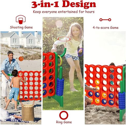 Giant 4 in a Row Connect Game, Jumbo 4 to Score Game Set w/ 42 Chess Rings, Basketball & Hoop, Toss Rings & Quick-Release Lever, Indoor & Outdoor Family Party Game for Kids & Adults in Saudi Arabia