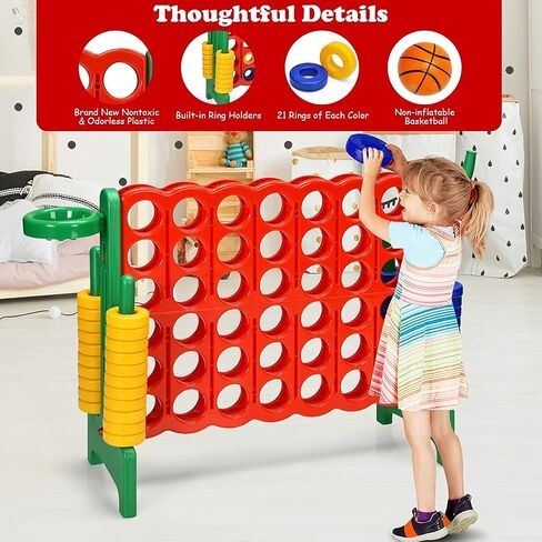 Giant 4 in a Row Connect Game, Jumbo 4 to Score Game Set w/ 42 Chess Rings, Basketball & Hoop, Toss Rings & Quick-Release Lever, Indoor & Outdoor Family Party Game for Kids & Adults in Saudi Arabia