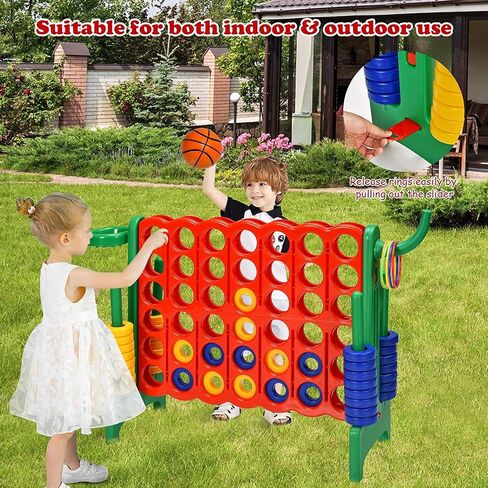 Giant 4 in a Row Connect Game, Jumbo 4 to Score Game Set w/ 42 Chess Rings, Basketball & Hoop, Toss Rings & Quick-Release Lever, Indoor & Outdoor Family Party Game for Kids & Adults in Saudi Arabia