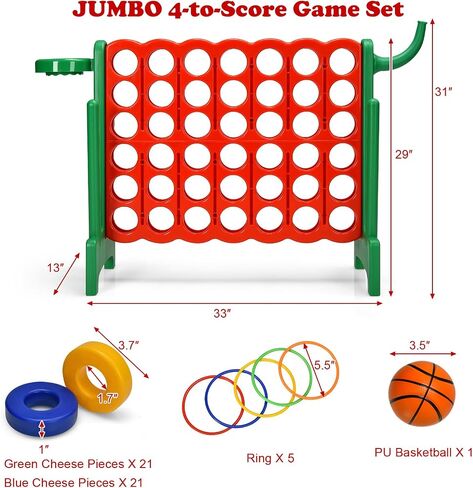 Giant 4 in a Row Connect Game, Jumbo 4 to Score Game Set w/ 42 Chess Rings, Basketball & Hoop, Toss Rings & Quick-Release Lever, Indoor & Outdoor Family Party Game for Kids & Adults in Saudi Arabia