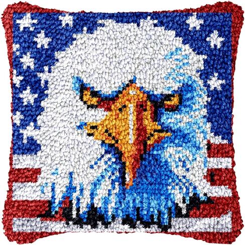 Eagle and Flag Latch Hook Pillow Kits for Beginner Needle Crochet Yarn Kits with Stamped Canvas Embroidery Cushion Hook and Latch Throw Pillow Christmas Decoration 43x43cm in Saudi Arabia