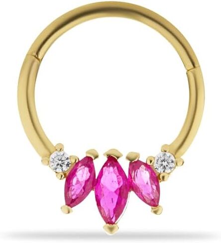 8mm Lotus Clicker Hoop Piercing Earring With Red & Clear Zircons - 14K Solid Yellow Gold - For Helix Tragus Septum Lobe Conch & Other Body Piercing BY KORAL JEWELRY in Saudi Arabia