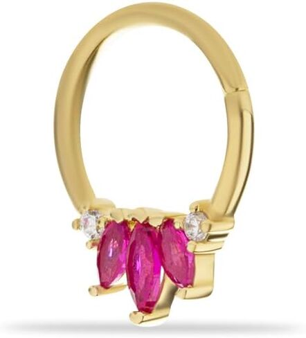 8mm Lotus Clicker Hoop Piercing Earring With Red & Clear Zircons - 14K Solid Yellow Gold - For Helix Tragus Septum Lobe Conch & Other Body Piercing BY KORAL JEWELRY in Saudi Arabia