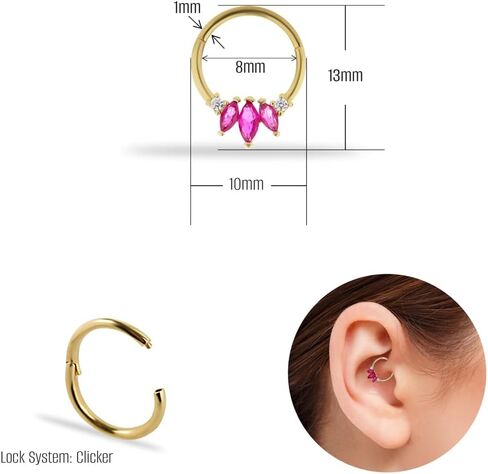 8mm Lotus Clicker Hoop Piercing Earring With Red & Clear Zircons - 14K Solid Yellow Gold - For Helix Tragus Septum Lobe Conch & Other Body Piercing BY KORAL JEWELRY in Saudi Arabia