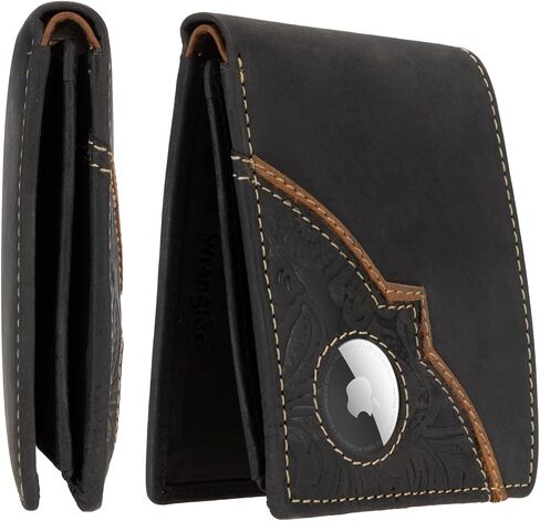Wrangler Men’s Bifold Slim RFID Blocking Wallet, Genuine Leather, Casual Everyday 11-22 Card Capacity with AirTag Holder Window (Brown) in Saudi Arabia