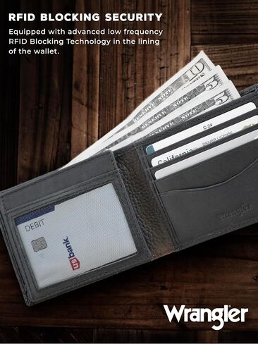 Wrangler Men’s Bifold Slim RFID Blocking Wallet, Genuine Leather, Casual Everyday 11-22 Card Capacity with AirTag Holder Window (Brown) in Saudi Arabia