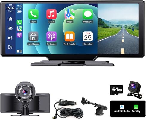 شاشة CarPlay محمولة للسيارة، شاشة لمس عالية الدقة 10.26 بوصة تعمل بنظام Android Auto Car Play مع كاميرا داش 2.5K MirrorLink/DVR/كاميرا احتياطية in Kuwait