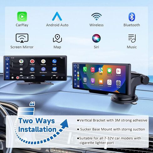 شاشة CarPlay محمولة للسيارة، شاشة لمس عالية الدقة 10.26 بوصة تعمل بنظام Android Auto Car Play مع كاميرا داش 2.5K MirrorLink/DVR/كاميرا احتياطية in Kuwait