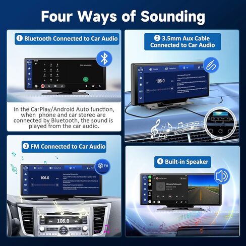 شاشة CarPlay محمولة للسيارة، شاشة لمس عالية الدقة 10.26 بوصة تعمل بنظام Android Auto Car Play مع كاميرا داش 2.5K MirrorLink/DVR/كاميرا احتياطية in Kuwait