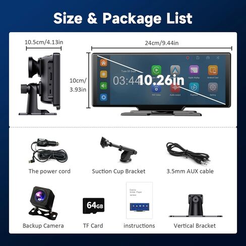 شاشة CarPlay محمولة للسيارة، شاشة لمس عالية الدقة 10.26 بوصة تعمل بنظام Android Auto Car Play مع كاميرا داش 2.5K MirrorLink/DVR/كاميرا احتياطية in Kuwait