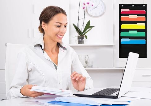 Essex Wares - منظم ملفات مخطط 10 جيوب مع 3 خطافات تعليق - منظم ملفات معلق 10 جيوب لتنظيم الفصل الدراسي، منظم مكتب - منظم معلق من البوليستر مع جيوب in Kuwait