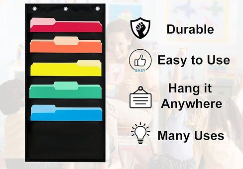 Essex Wares - منظم ملفات مخطط 10 جيوب مع 3 خطافات تعليق - منظم ملفات معلق 10 جيوب لتنظيم الفصل الدراسي، منظم مكتب - منظم معلق من البوليستر مع جيوب in Kuwait