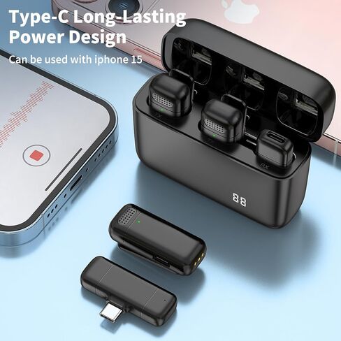 ميكروفونات LLreLi لهاتف iPhone 15، قطعتان من ميكروفون Lavalier اللاسلكي مع علبة شحن - التوصيل والتشغيل، جودة صوت واضحة لجهاز iP15 Pro/Max والمزيد، K13 in Kuwait