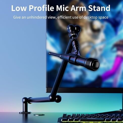 ذراع ذراع ميكروفون منخفض المستوى، حامل ذراع ميكروفون قابل للتعديل من روبيسي مع مشبك تثبيت مكتبي/محول لولبي/مشبك ميكروفون، ذراع منخفض من الألومنيوم قابل للدوران بالكامل للبودكاست/البث/الألعاب/المكتب in Kuwait