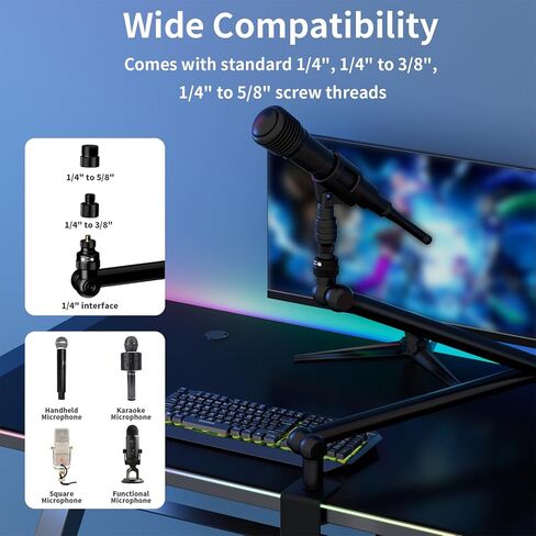 ذراع ذراع ميكروفون منخفض المستوى، حامل ذراع ميكروفون قابل للتعديل من روبيسي مع مشبك تثبيت مكتبي/محول لولبي/مشبك ميكروفون، ذراع منخفض من الألومنيوم قابل للدوران بالكامل للبودكاست/البث/الألعاب/المكتب in Kuwait