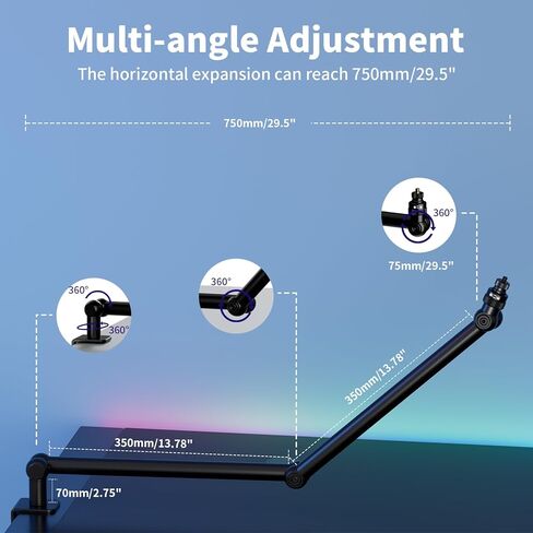 ذراع ذراع ميكروفون منخفض المستوى، حامل ذراع ميكروفون قابل للتعديل من روبيسي مع مشبك تثبيت مكتبي/محول لولبي/مشبك ميكروفون، ذراع منخفض من الألومنيوم قابل للدوران بالكامل للبودكاست/البث/الألعاب/المكتب in Kuwait
