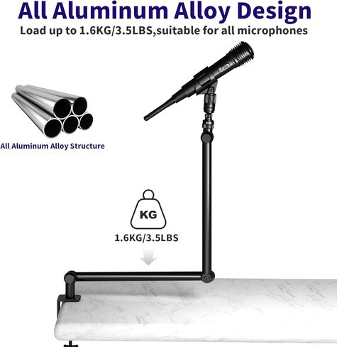 ذراع ذراع ميكروفون منخفض المستوى، حامل ذراع ميكروفون قابل للتعديل من روبيسي مع مشبك تثبيت مكتبي/محول لولبي/مشبك ميكروفون، ذراع منخفض من الألومنيوم قابل للدوران بالكامل للبودكاست/البث/الألعاب/المكتب in Kuwait