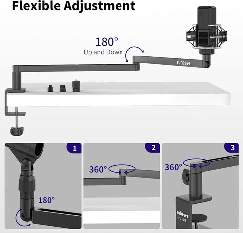 Low Profile Microphone Boom Arm, rubesee Adjustable Stick Mic Arm Stand with Desk Mount Clamp/Screw Adapter/Microphone Clip, Fully Rotatable Aluminum Low Arm for Podcast/Streaming/Gaming/Office in Saudi Arabia