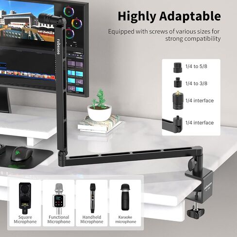 Low Profile Microphone Boom Arm, rubesee Adjustable Stick Mic Arm Stand with Desk Mount Clamp/Screw Adapter/Microphone Clip, Fully Rotatable Aluminum Low Arm for Podcast/Streaming/Gaming/Office in Saudi Arabia