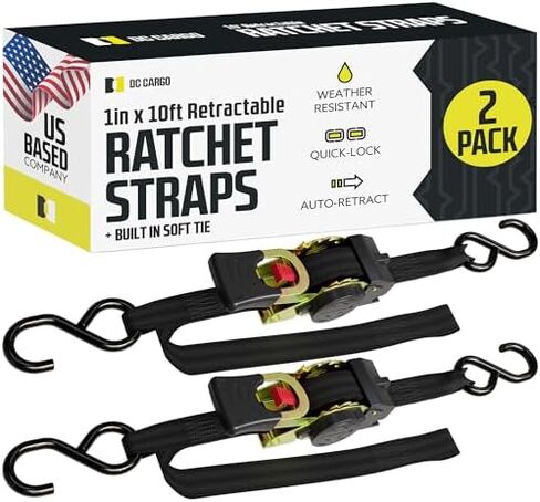 DC Cargo Auto Retract Ratchet Straps - 2 Pack 1" x 10' - Retractable SELF-CONTAINED Compact Cargo Strap Tiedowns for Motorcycles, ATVs, Bikes, Boats: Tight & Secure Pickup Trailer Tie Down in Kuwait