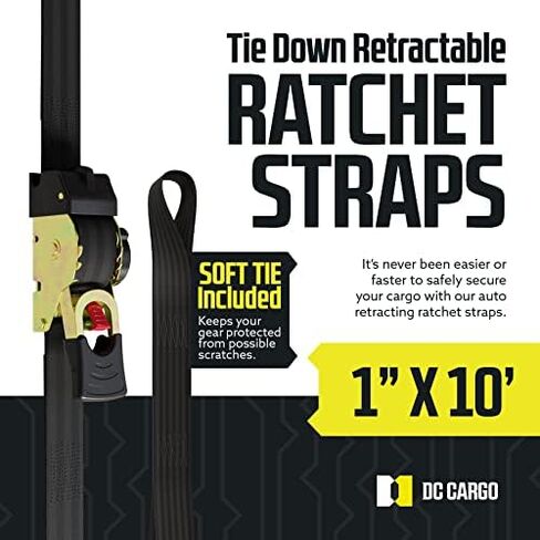 DC Cargo Auto Retract Ratchet Straps - 2 Pack 1" x 10' - Retractable SELF-CONTAINED Compact Cargo Strap Tiedowns for Motorcycles, ATVs, Bikes, Boats: Tight & Secure Pickup Trailer Tie Down in Kuwait