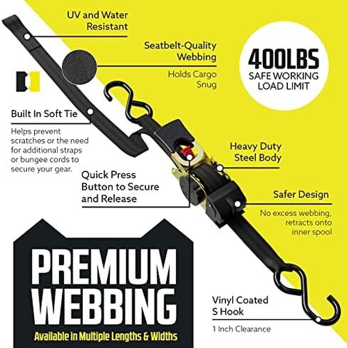 DC Cargo Auto Retract Ratchet Straps - 2 Pack 1" x 10' - Retractable SELF-CONTAINED Compact Cargo Strap Tiedowns for Motorcycles, ATVs, Bikes, Boats: Tight & Secure Pickup Trailer Tie Down in Kuwait