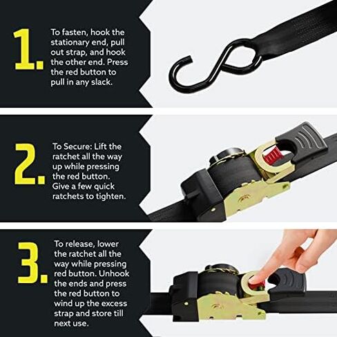 DC Cargo Auto Retract Ratchet Straps - 2 Pack 1" x 10' - Retractable SELF-CONTAINED Compact Cargo Strap Tiedowns for Motorcycles, ATVs, Bikes, Boats: Tight & Secure Pickup Trailer Tie Down in Kuwait