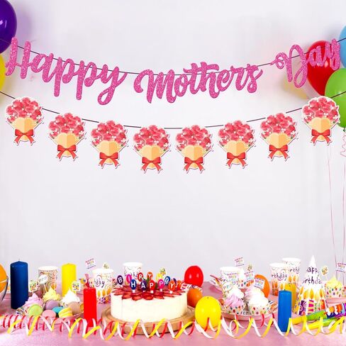 زينة لافتة عيد الأم من tetcuican - زينة حفلات عيد الأم الوردية اللامعة تتضمن قطعة واحدة لافتة عيد الأم السعيدة وقطعة واحدة من إكليل الورد الوردي لعيد الأم in Kuwait