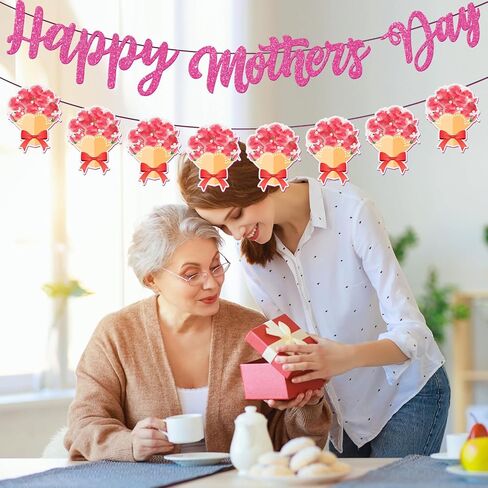 زينة لافتة عيد الأم من tetcuican - زينة حفلات عيد الأم الوردية اللامعة تتضمن قطعة واحدة لافتة عيد الأم السعيدة وقطعة واحدة من إكليل الورد الوردي لعيد الأم in Kuwait