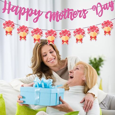 زينة لافتة عيد الأم من tetcuican - زينة حفلات عيد الأم الوردية اللامعة تتضمن قطعة واحدة لافتة عيد الأم السعيدة وقطعة واحدة من إكليل الورد الوردي لعيد الأم in Kuwait