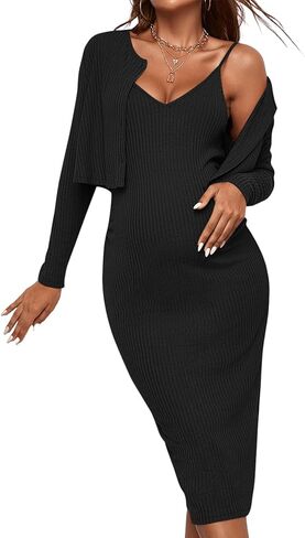 Verdusa Women's Maternity 2 Pieces V Neck Long Cami Dress and Long Sleeve Cardigan Black L in Saudi Arabia