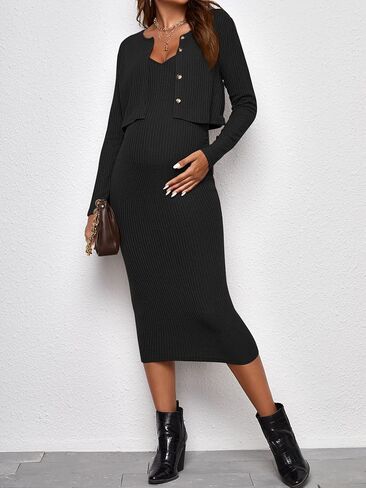 Verdusa Women's Maternity 2 Pieces V Neck Long Cami Dress and Long Sleeve Cardigan Black L in Saudi Arabia