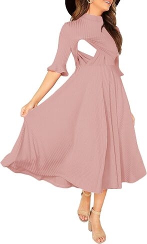 فستان نسائي أنيق للرضاعة منسوج ومضلع بأكمام جرس ومناسب ومشرق in Kuwait