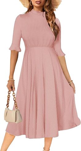 فستان نسائي أنيق للرضاعة منسوج ومضلع بأكمام جرس ومناسب ومشرق in Kuwait