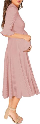 فستان نسائي أنيق للرضاعة منسوج ومضلع بأكمام جرس ومناسب ومشرق in Kuwait