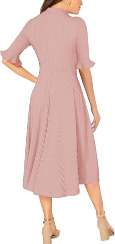 فستان نسائي أنيق للرضاعة منسوج ومضلع بأكمام جرس ومناسب ومشرق in Kuwait