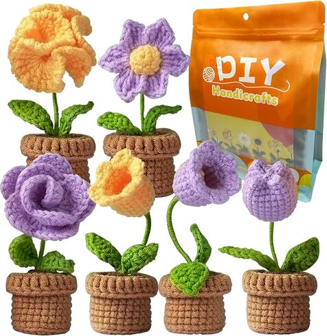 طقم كروشيه جديد للمبتدئين من كونلاند، طقم مكون من 6 قطع من الزهور بوعاء للبالغين والأطفال، طقم حياكة كروشيه للمبتدئين مع تعليمات خطوة بخطوة ودروس فيديو (بنفسجي) in Kuwait