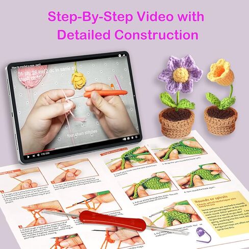 طقم كروشيه جديد للمبتدئين من كونلاند، طقم مكون من 6 قطع من الزهور بوعاء للبالغين والأطفال، طقم حياكة كروشيه للمبتدئين مع تعليمات خطوة بخطوة ودروس فيديو (بنفسجي) in Kuwait