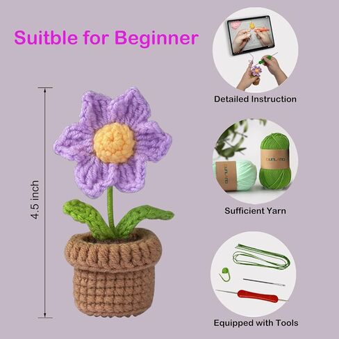 طقم كروشيه جديد للمبتدئين من كونلاند، طقم مكون من 6 قطع من الزهور بوعاء للبالغين والأطفال، طقم حياكة كروشيه للمبتدئين مع تعليمات خطوة بخطوة ودروس فيديو (بنفسجي) in Kuwait