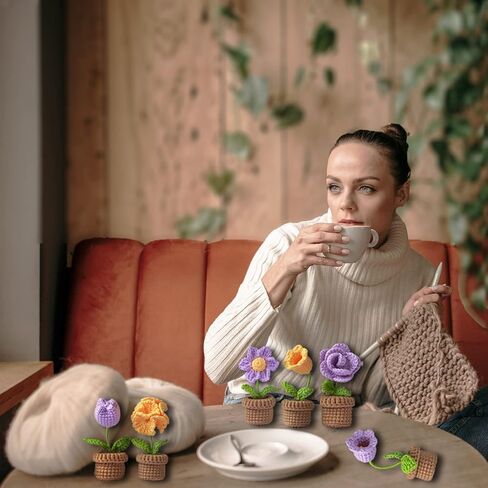 طقم كروشيه جديد للمبتدئين من كونلاند، طقم مكون من 6 قطع من الزهور بوعاء للبالغين والأطفال، طقم حياكة كروشيه للمبتدئين مع تعليمات خطوة بخطوة ودروس فيديو (بنفسجي) in Kuwait