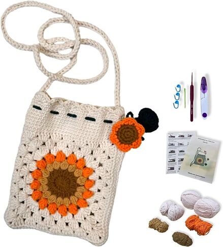 VNRGG Beginners Crochet Kit Handmade Sunflower Blossom Phone Bag Knitted Bag for Women Gifts for Girlfriends in Summer (Beige) in Saudi Arabia