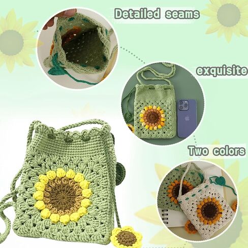 VNRGG Beginners Crochet Kit Handmade Sunflower Blossom Phone Bag Knitted Bag for Women Gifts for Girlfriends in Summer (Beige) in Saudi Arabia