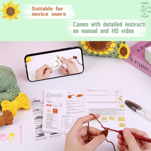 VNRGG Beginners Crochet Kit Handmade Sunflower Blossom Phone Bag Knitted Bag for Women Gifts for Girlfriends in Summer (Beige) in Saudi Arabia