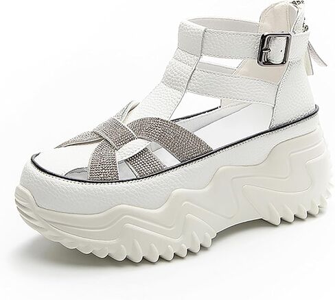 Women's Rhinestones Chunky Platform Cutout Sneakers With Adjustable Ankle Strap Fashion Breathable Wedge Increasing Comfort Sports Sandals With Back Zipper Casual Walking Sandals in Saudi Arabia