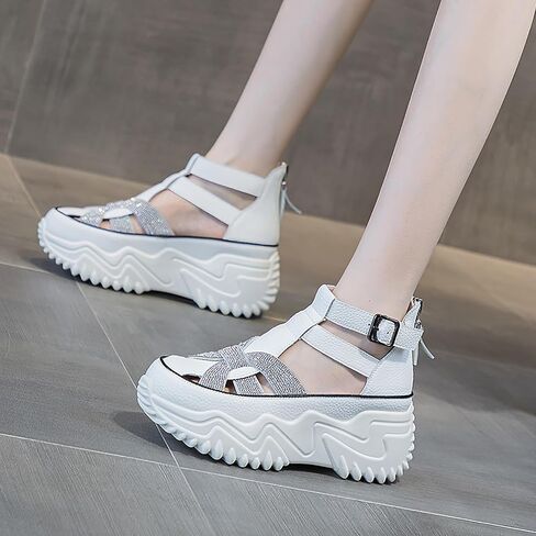 Women's Rhinestones Chunky Platform Cutout Sneakers With Adjustable Ankle Strap Fashion Breathable Wedge Increasing Comfort Sports Sandals With Back Zipper Casual Walking Sandals in Saudi Arabia