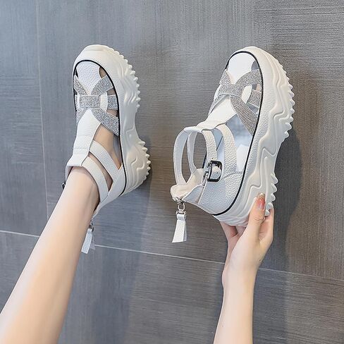 Women's Rhinestones Chunky Platform Cutout Sneakers With Adjustable Ankle Strap Fashion Breathable Wedge Increasing Comfort Sports Sandals With Back Zipper Casual Walking Sandals in Saudi Arabia
