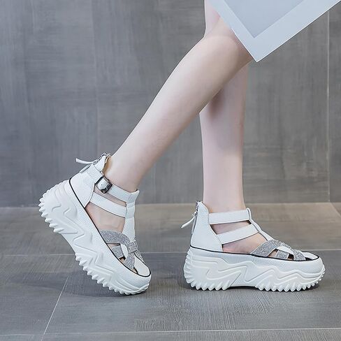 Women's Rhinestones Chunky Platform Cutout Sneakers With Adjustable Ankle Strap Fashion Breathable Wedge Increasing Comfort Sports Sandals With Back Zipper Casual Walking Sandals in Saudi Arabia