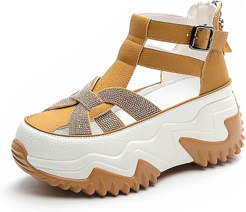 Women's Rhinestones Chunky Platform Cutout Sneakers With Adjustable Ankle Strap Fashion Breathable Wedge Increasing Comfort Sports Sandals With Back Zipper Casual Walking Sandals in Saudi Arabia
