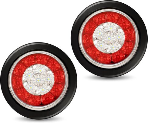 RUNHWEE 2 قطعة 4 بوصة مجموعة مصابيح LED مستديرة للمقطورة باللون الأحمر 16 مصباح LED للقوارب أضواء الفرامل توقف الانعطاف الجانبي للأضواء الخلفية المقاومة للماء لشاحنة مقطورة قارب RV، أحمر وعنبر in Kuwait