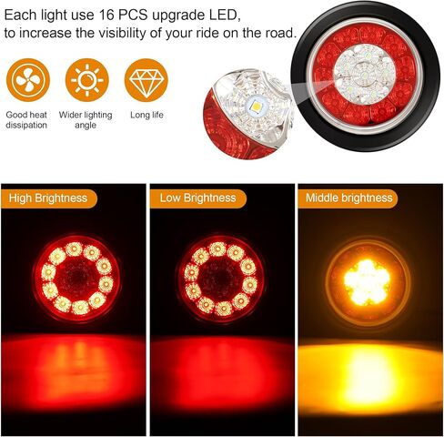 RUNHWEE 2 قطعة 4 بوصة مجموعة مصابيح LED مستديرة للمقطورة باللون الأحمر 16 مصباح LED للقوارب أضواء الفرامل توقف الانعطاف الجانبي للأضواء الخلفية المقاومة للماء لشاحنة مقطورة قارب RV، أحمر وعنبر in Kuwait